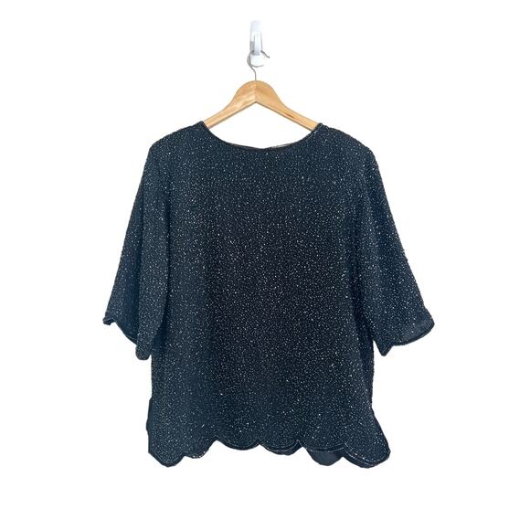 Women’s Formal Evening 100% Silk Black Beaded Short Sleeve Blouse Size Large - Picture 1 of 9